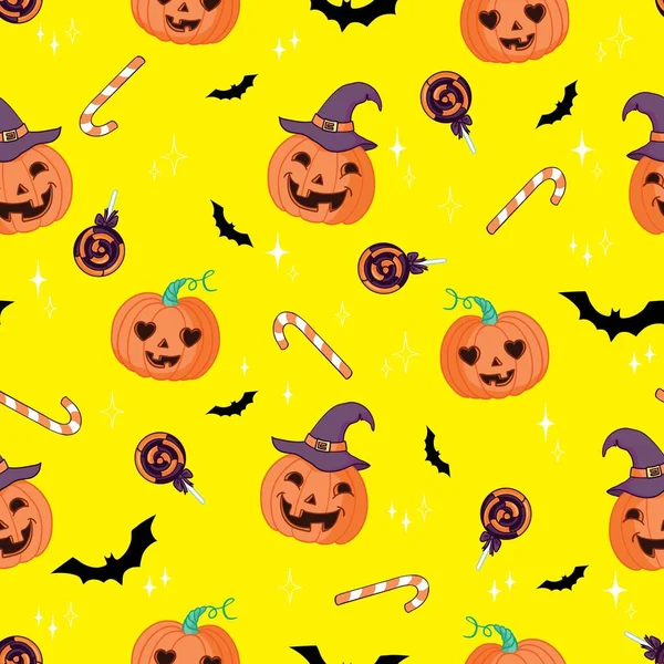 Vektor sömlöst mönster för Halloween. Pumpa, spöke, fladdermus, godis och andra objekt på Halloween tema. Ljusa tecknade mönster för Halloween — Stock vektor