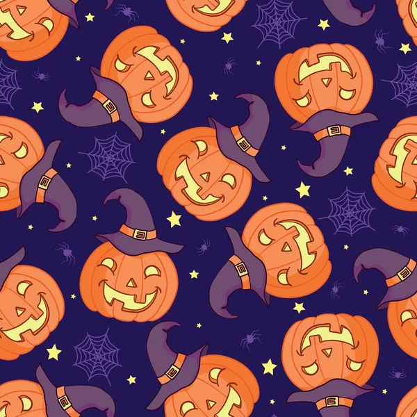 Padrão sem costura vetorial para o Halloween. Abóbora, fantasma, morcego, doces e outros itens sobre tema de Halloween. Padrão de desenho animado brilhante para o Halloween — Vetor de Stock