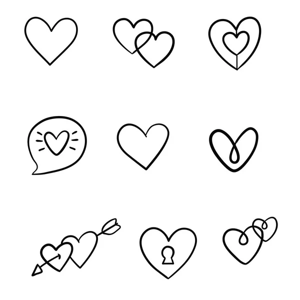 Dokuz el çizilmiş kalp. Beyaz arka planda izole edilmiş kabataslak işaretli kalpler. Grafik tasarımınız için vektör illüstrasyonu — Stok Vektör