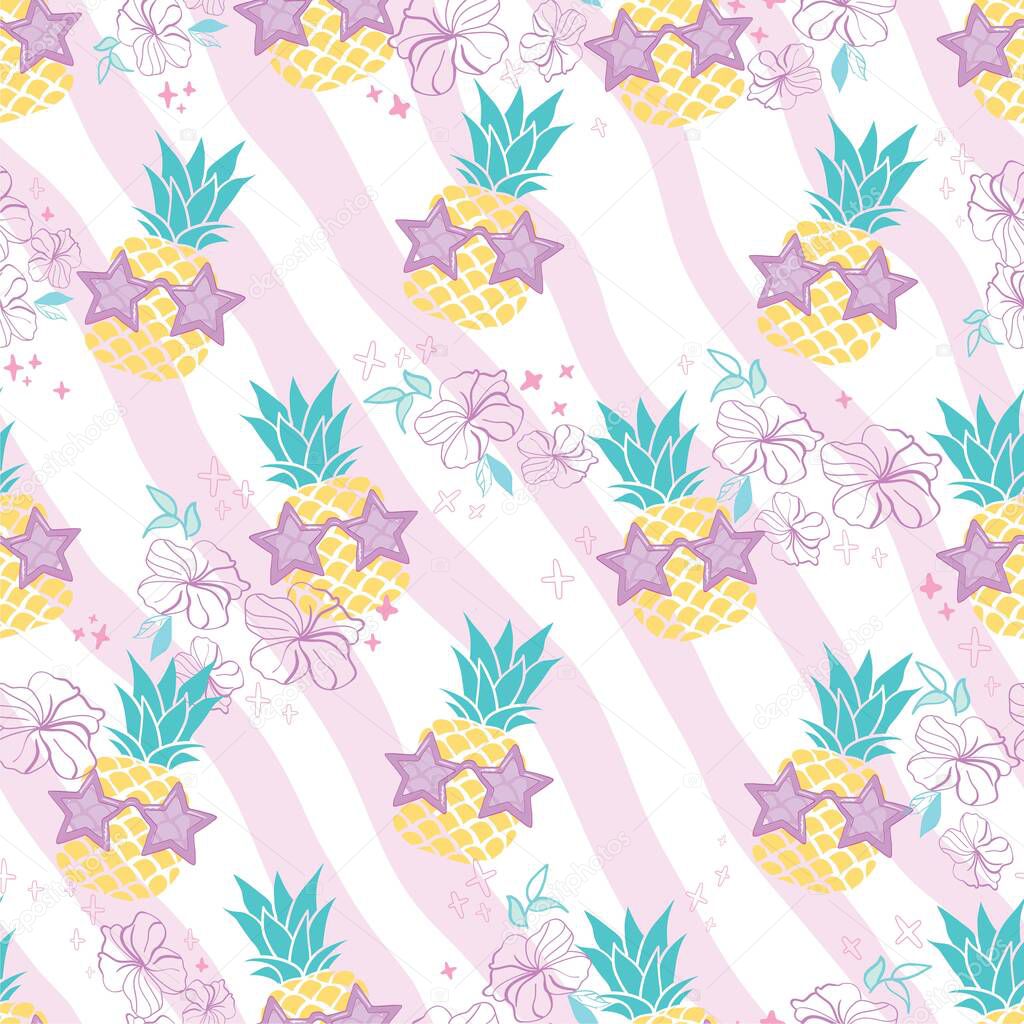 Pineapple Glasses Pattern, Fruit Pattern, Vector, Illustration, Seamless Pattern, Background.