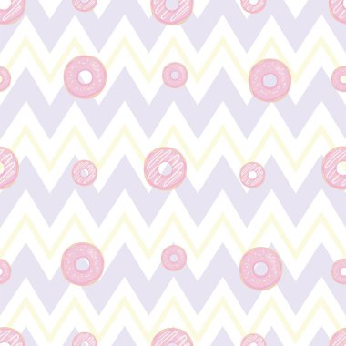 Pembe kremalı donutlar. Kusursuz beyaz desen. Kafeler, restoranlar, kahveciler, yemek şirketleri için arka plan. Menü, broşür, pankart, web sitesi için tasarım dokusu. Vektör illüstrasyonu.