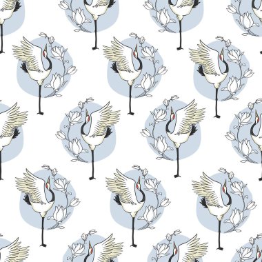 Kusursuz bir arka plan, doğulu motiflerle turnalar uçuyor. Vektör illüstrasyonu.