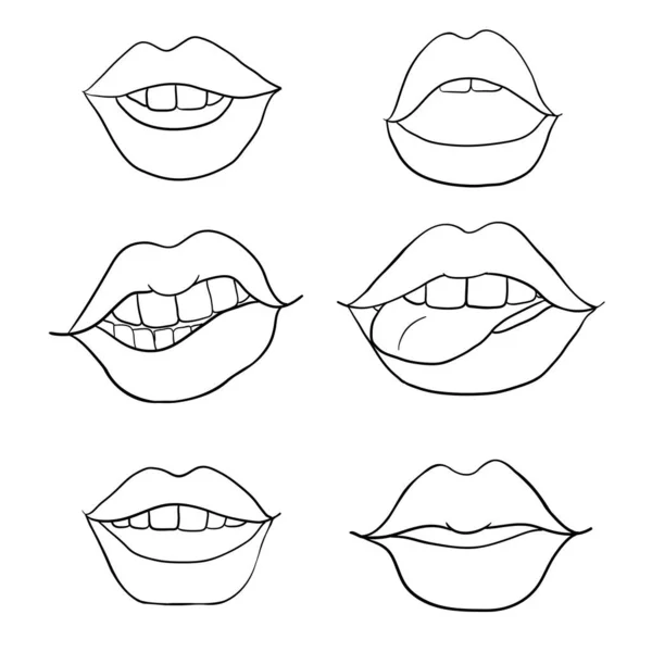 Contour Sketch Illustration Set Lèvres Féminines Sur Fond Blanc — Image vectorielle