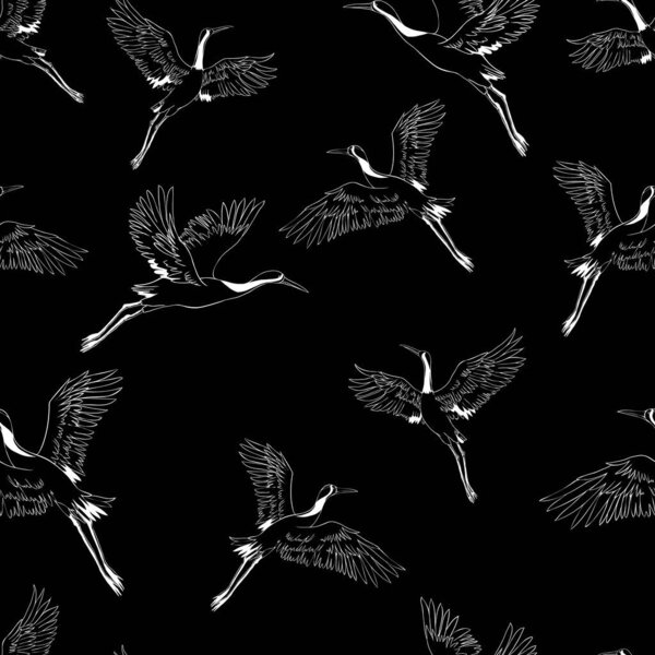 Seamless background, with Oriental motifs, cranes are flying . Vector illustration.