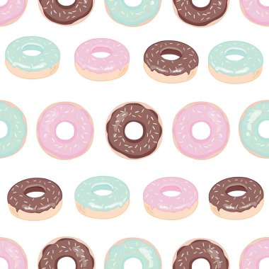 Pembe kremalı donutlar. Kusursuz beyaz desen. Kafeler, restoranlar, kahveciler, yemek şirketleri için arka plan. Menü, broşür, pankart, web sitesi için tasarım dokusu. Vektör illüstrasyonu.