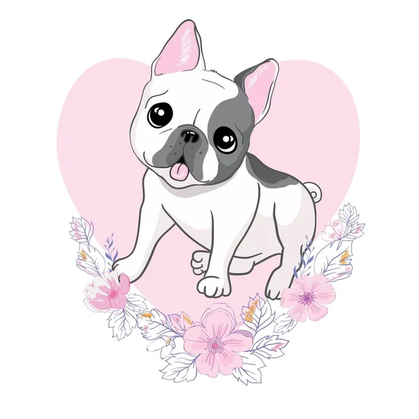 Vector Close Portrait Domestic Dog French Bulldog Breed Background Heart — Stock Vector