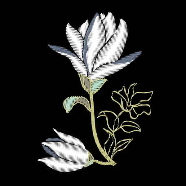 Borduren Bloemen Met Magnolia Zwarte Achtergrond Vector Mode Ornament — Stockvector