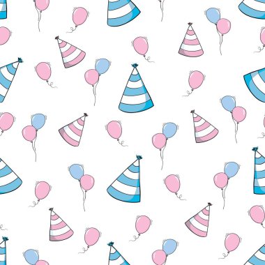 Kekler, balonlar, hediye kutuları vs. siyah ve beyaz olarak el çizimi, kusursuz desen.