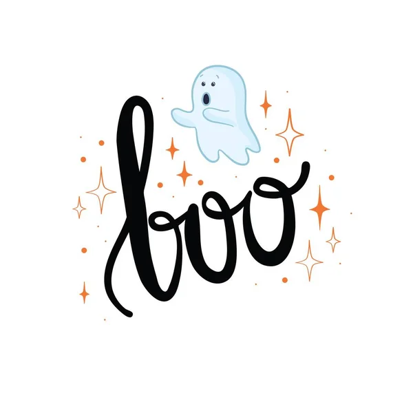 Fantasma Volador Inscripción Boo Feliz Halloween Espantosos Fantasmas Blancos Lindo — Vector de stock