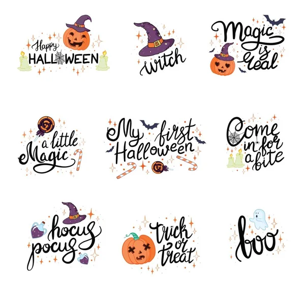 Happy Halloween Handgezeichnete Illustrationen Und Elemente Gestaltungselemente Für Halloween Logos — Stockvektor