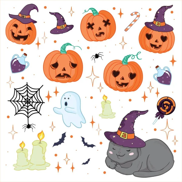 Definir Ilustração Vetorial Diversão Peculiar Retro Halloween Truque Tratar Elementos — Vetor de Stock