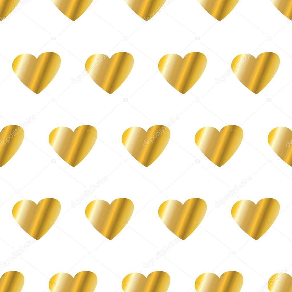 Gold glittering seamless pattern of hearts on white background.