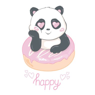 Şirin panda ve donut düz vektör çizimi. Lezzetli hamur işi izole tasarım unsuruna sahip Asya yağmur ormanları ayısı. Vahşi orman, hayvanat bahçesi hayvanı. Tatlı pastane, mağaza tasarım elemanı