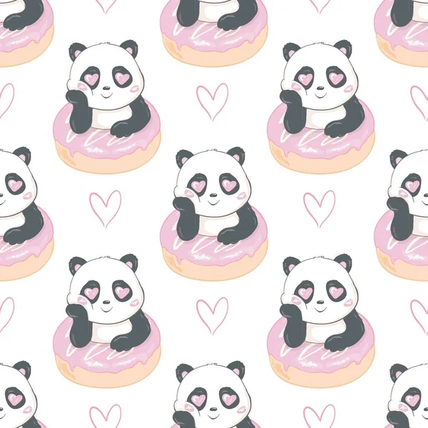 Hermoso Panda Sosteniendo Patrón Sin Costuras Rosquilla Sobre Fondo Blanco — Vector de stock