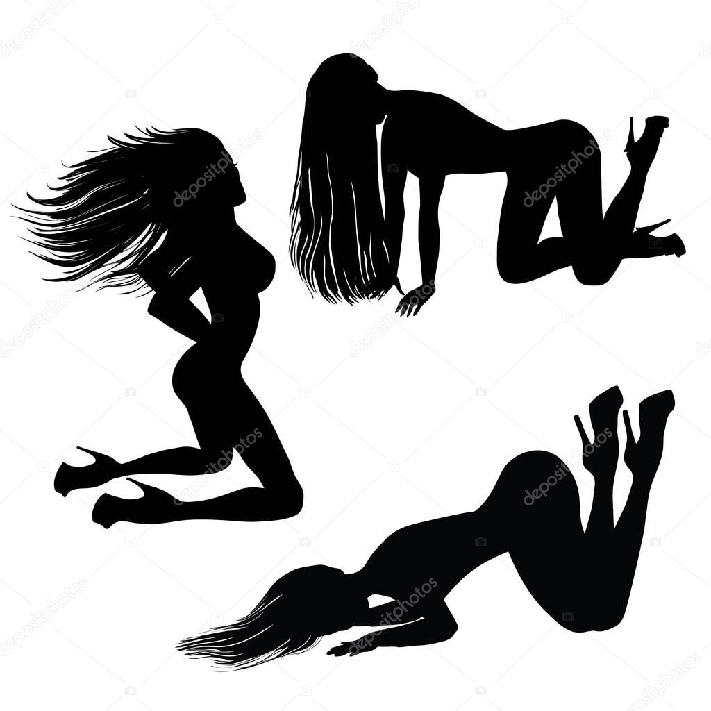 Big collection of pinup woman silhouettes. Sexy girl with long hair standing, siting and dancing in different poses. Set of black vector shapes of sexy pinup girls in bikini.