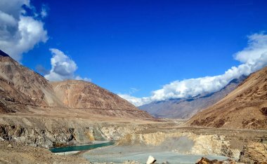 Nanga Parbat zirvesi yakınında kış aylarında kurutulmuş ağaçlar ve karla kaplı dağlar 