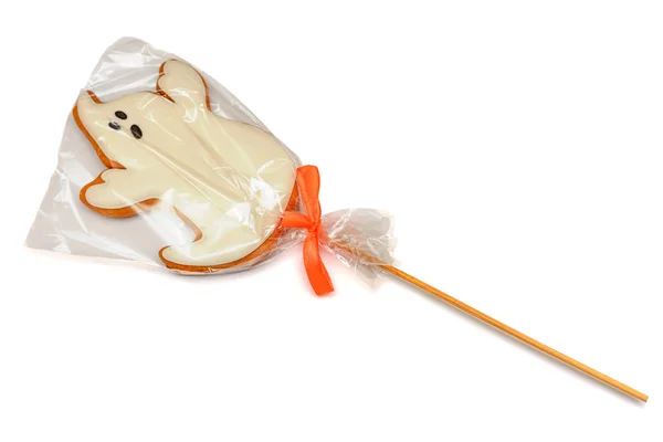 Homemade Gingerbread Stick Form Ghost Bag Isolated White — Stock Photo, Image