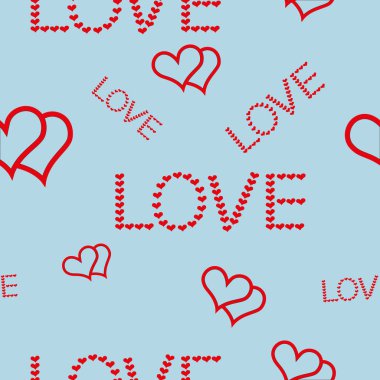 İki kupa ve yazıtlar farklı boyutlarda aşk mavi bir arka plan üzerinde desen.