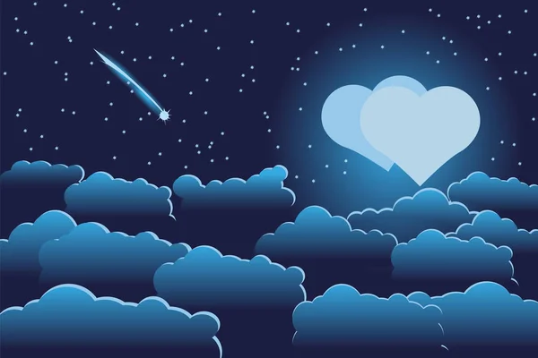 Lua em forma de dois corações, cometa, céu estrelado noite e nuvens de azul com iluminação — Vetor de Stock