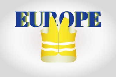 The yellow vest with glistening stripes hangs on letters Europe on a gray gradient background. Vector illustration. clipart