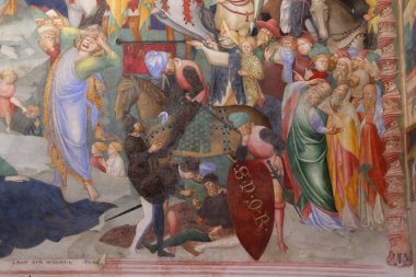 Urbino, İtalya - 24 Mart 2019: Urbino 'daki San Giovanni Battista Oratoryumu' nda İsa 'nın hayatının muhteşem freskleri