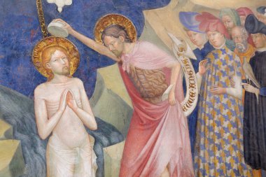 Urbino, İtalya - 24 Mart 2019: Urbino 'daki San Giovanni Battista Oratoryumu' nda İsa 'nın hayatının muhteşem freskleri