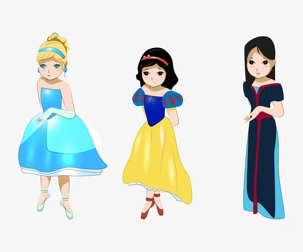 Cinderela, Branca de Neve, Mulan, Heróis de conto de fadas anime — Vetor de Stock