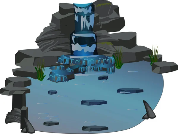 Cachoeira da montanha desce de um penhasco em um lago com água azul — Vetor de Stock