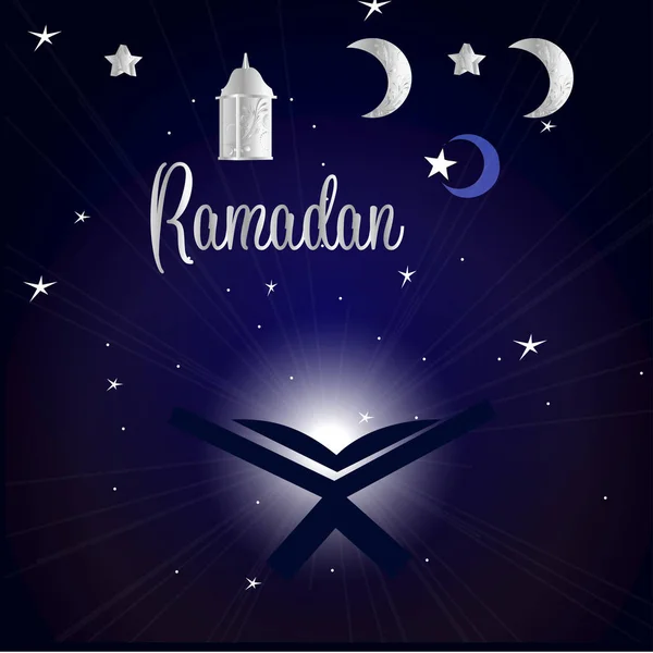 Kitap Kur'an-ı Kerim ve gece gökyüzünde yıldızlar ve ay ile kaydırma. — Stok Vektör