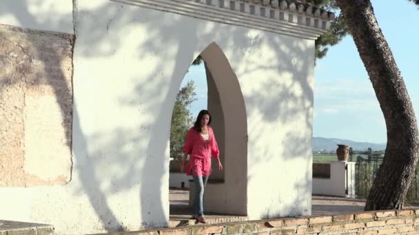 Mujer Joven Apoyada Pared Piedra — Vídeo de stock