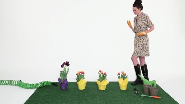 Mulher Pegando Flores Relva Caminhando Embora — Vídeo de Stock