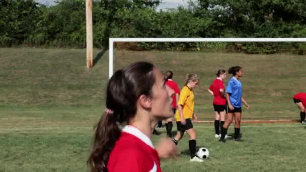 Dziewczyna Piłkarz Kieruje Piłkę — Wideo stockowe