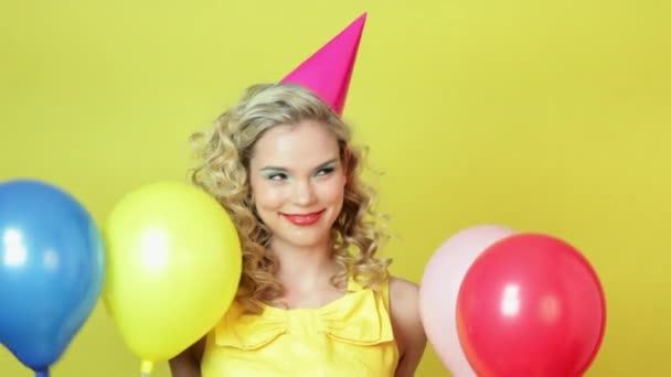 Young Woman Party Hat Floating Balloons — Stock Video