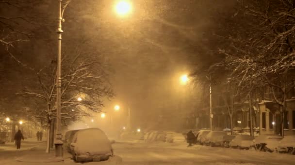Gece Vakti Sokak Lambalarıyla Aydınlatılmış Karda Bir Caddenin Manzarası — Stok video