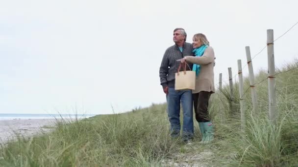 Ζευγάρι Στέκεται Πάνω Στους Αμμόλοφους Στην Φθινοπωρινή Ακτή — Αρχείο Βίντεο