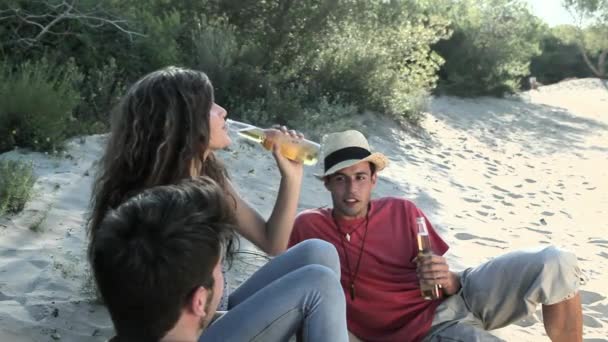 三个朋友在海滩上聊天 喝啤酒 — 图库视频影像