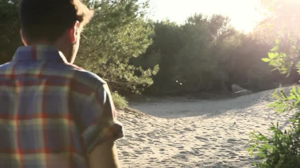 砂の上を歩く若いカップルの背面図 — ストック動画