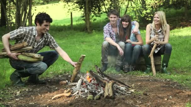 キャンプファイアで友人 若い男は火に丸太を置く — ストック動画
