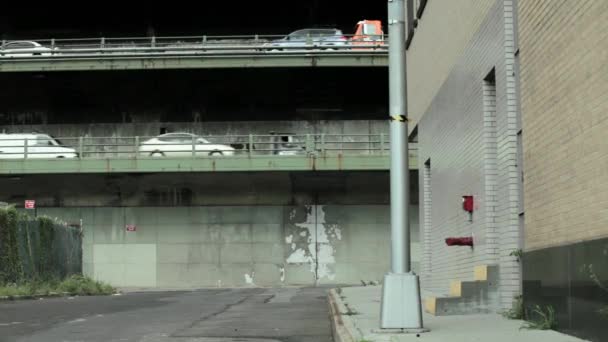 Seitenansicht Eines Mannes Der Unter Der Autobahn Läuft — Stockvideo