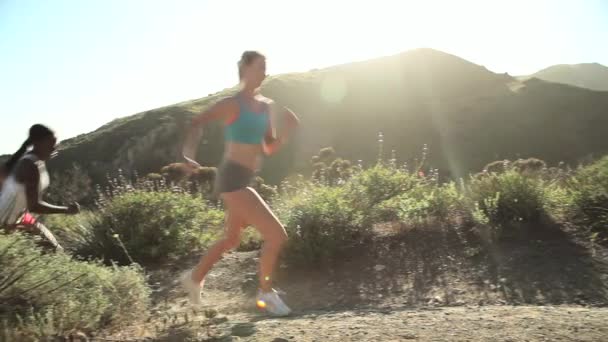 Cuatro Mujeres Corriendo Frente Cámara Paisaje Montañoso — Vídeos de Stock