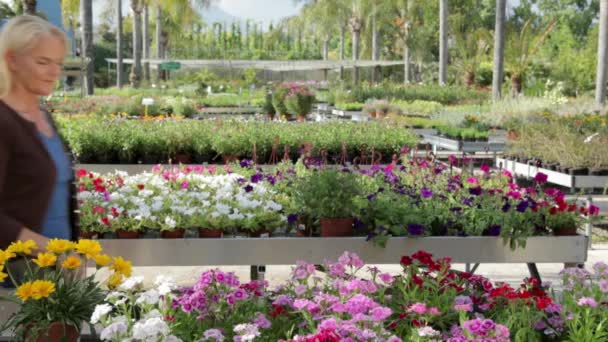 Starsza Kobieta Wybierając Kwiaty Centrum Ogrodnicze — Wideo stockowe