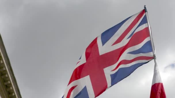 British English Flags Blowing Breeze Overcast Day — Stock Video