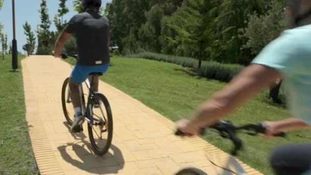 成熟夫妇骑自行车在路径过去的相机 — 图库视频影像