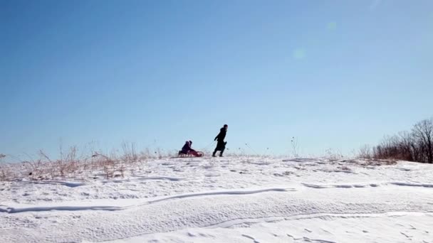 Madre Tirando Tobogán Con Dos Niños Través Nieve — Vídeos de Stock