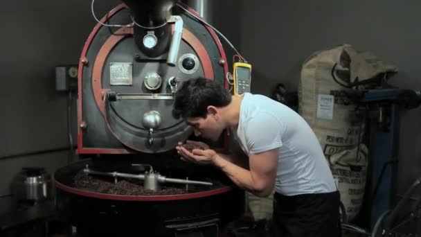 Side View Barista Smelling Coffee Beans — Stock Video