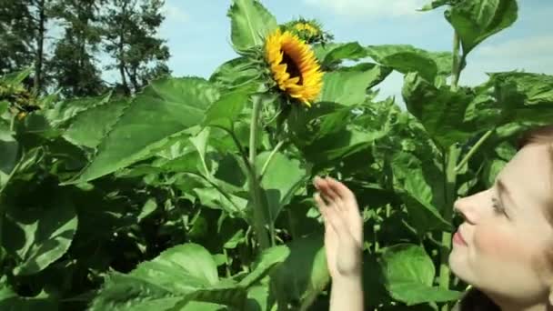 Close Van Een Jonge Vrouw Ruiken Zonnebloem — Stockvideo