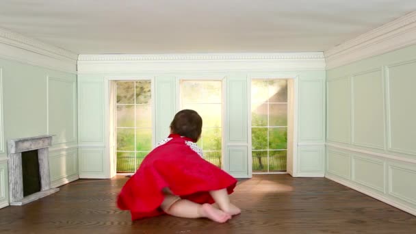 Giant Toddler Girl Tiny Room Looking Window — Stockvideo