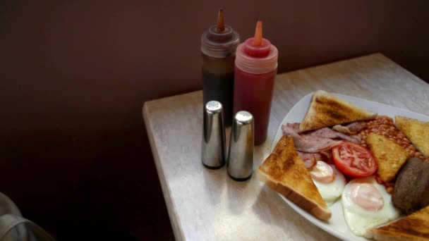 Desayuno Inglés Tradicional Mesa Café — Vídeos de Stock