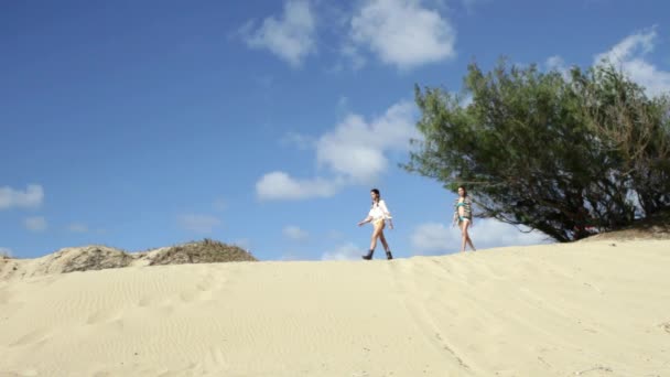 Two Women Walking Sand Dunes — Stock Video