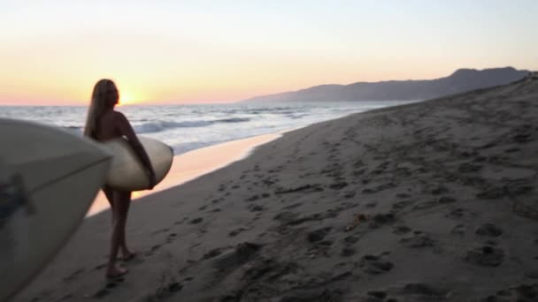 Vista Traseira Surfistas Caminhando Distância Praia Pôr Sol — Vídeo de Stock